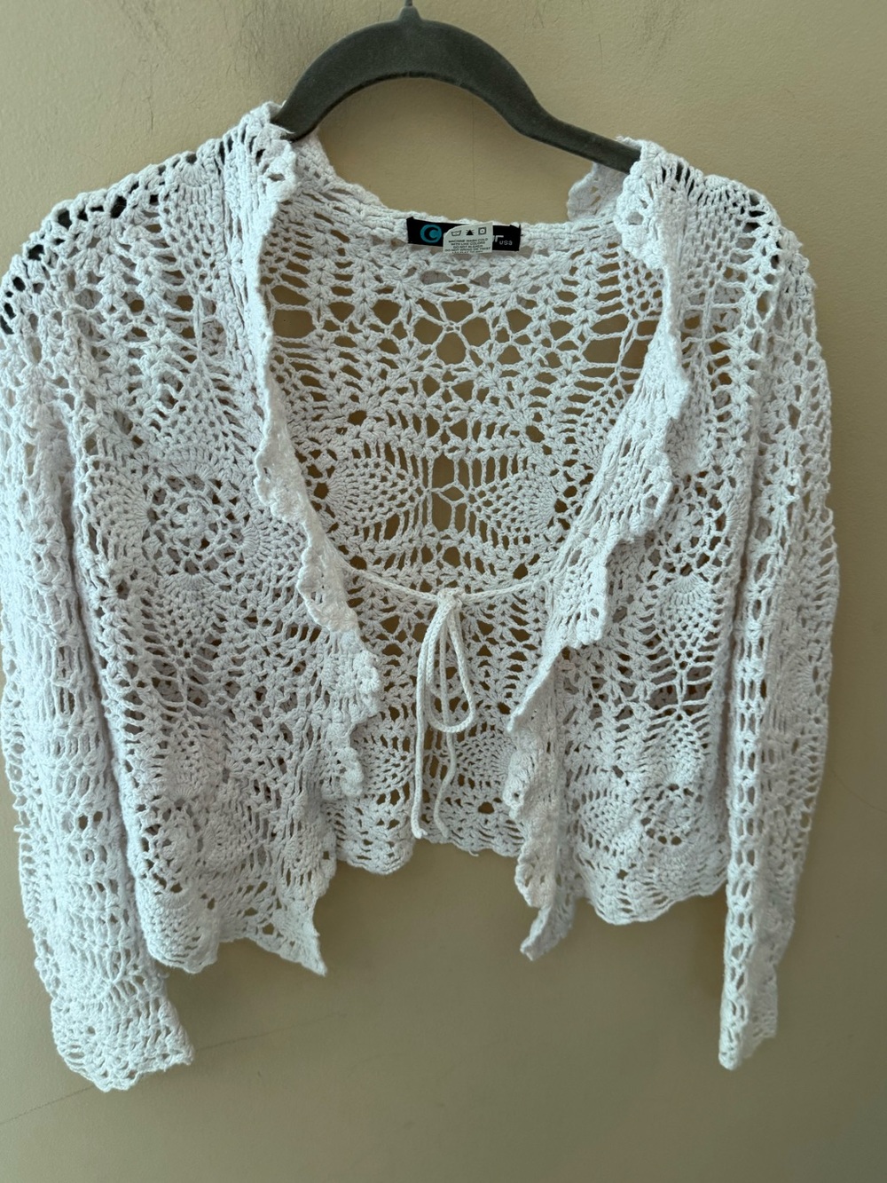 Vintage y2k Fairy Cottagecore Boho White Crochet Cropped Cardigan junior xL